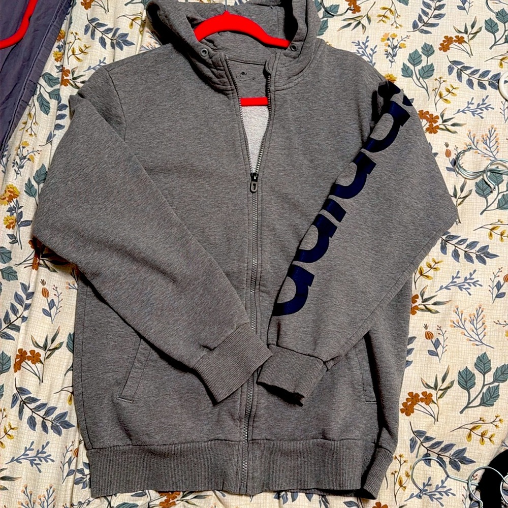 Gray Zip-Up Hoodie with Navy Logo